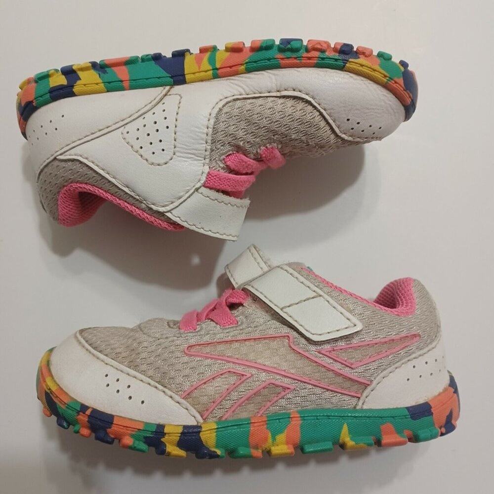 Reebok Peek N Fit Baby Girls Play Shoes Pink White Blue‎ Hook Loop Mesh  6